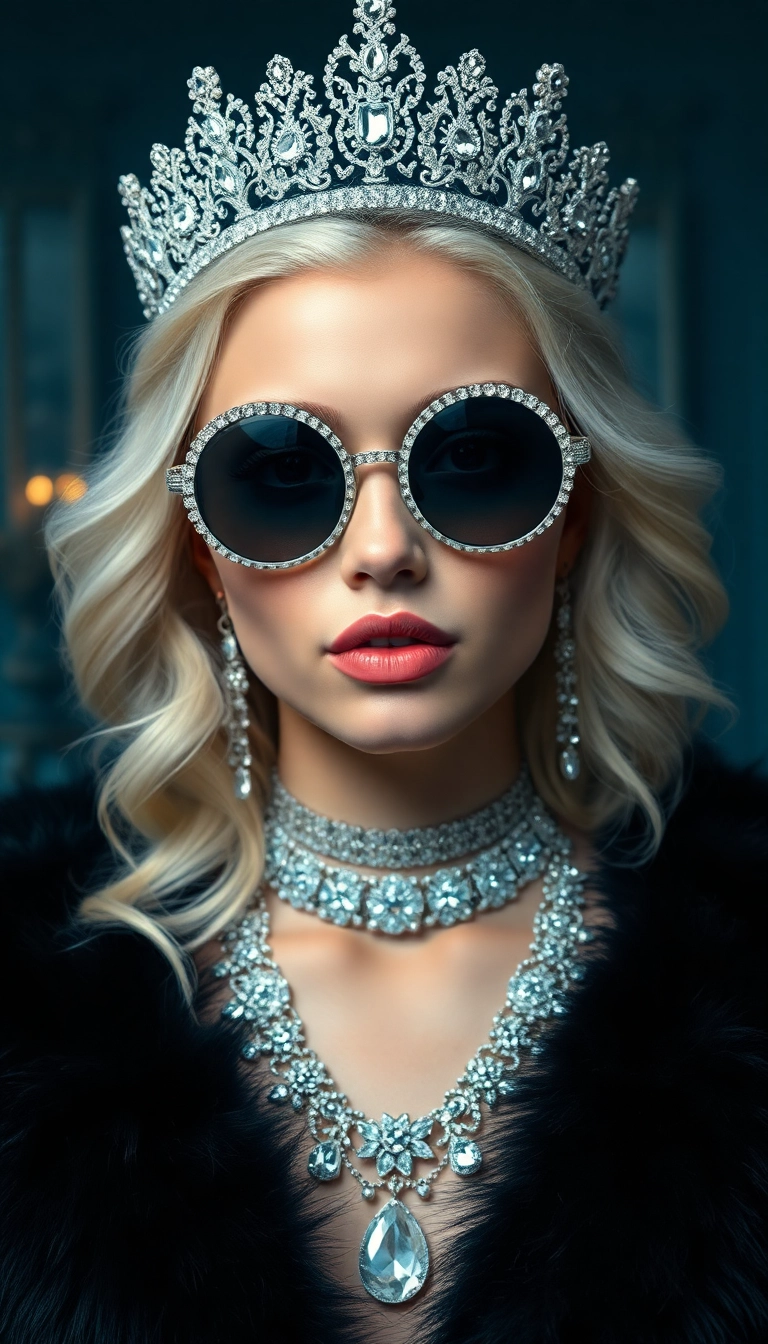 Best AI Young Platinum Blonde Queen in Black Fur Phone Elegant Wallpaper